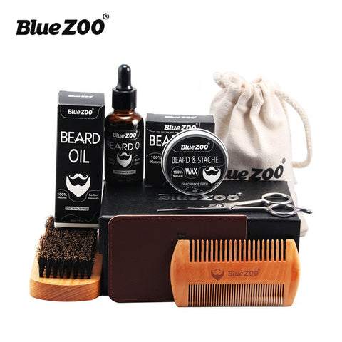 7PCS Men Beard Care Set Organic Natural Beard Wax Oil Brush Comb Scissors Wallet Styling Shaping Moisturizing Effect Beard kit