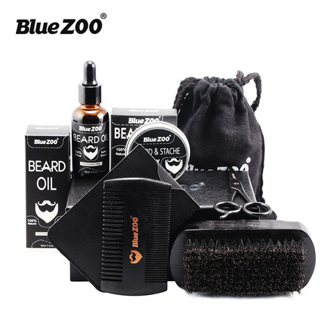Blue ZOO Natural Organic Men Beard Care Set Wax Beard Oil Brush Comb Scissors Wallet Styling Shaping Moisturizing Beard Kit